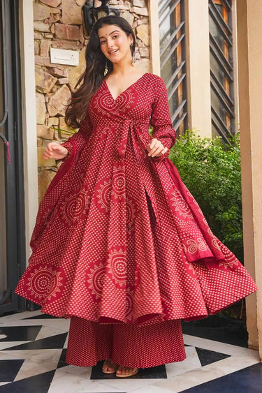Bandhani Print Red Flared Anarkali Suit With Matching Palazzo