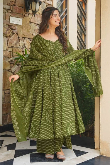 Gujarati Bandhani Print Green Flared Anarkali Kurta Palazzo Suit