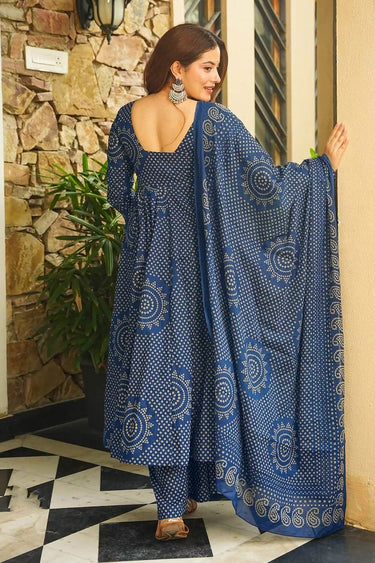 Vibrant Blue Ethnic Bandhani Print Anarkali Kurta Set With Flared Palazzo