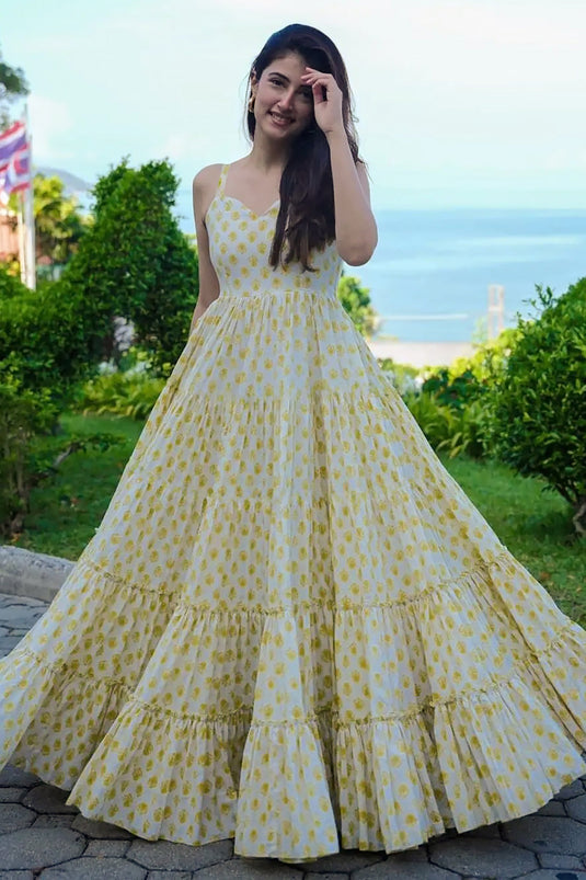 Glimmering Beige Color Printed Anarkali Gown