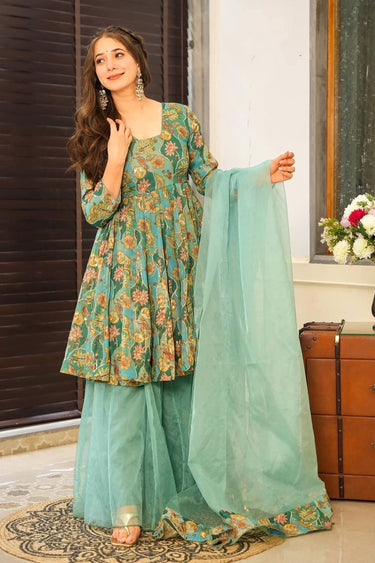 Sea Green Art Silk Printed Palazzo Suit For Festive Wear