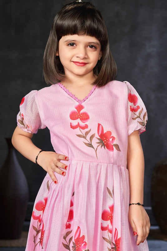 Gorgeous Pink Color Fancy Fabric Digital Printed Function Wear Readymade Kids Gown