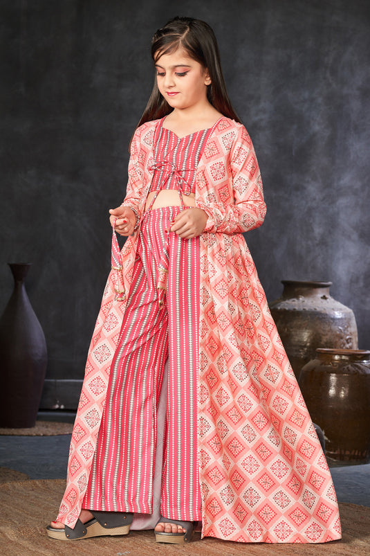 Pink Color Rayon Fabric Function Wear Readymade Kids Indo Western Palazzo Set With Digital Printed Shrug