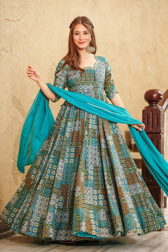 Rayon Fabric Printed On Multi Color Designer Readymade Anarkali Gown With Dupatta