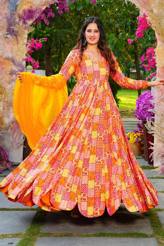 Multi Color Rayon Festive Wear Printed Readymade Anarkali Gown With Dupatta