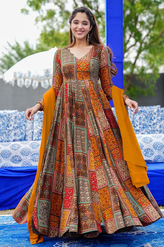 Multi Color Rayon Occasion Wear Printed Readymade Anarkali Gown With Dupatta