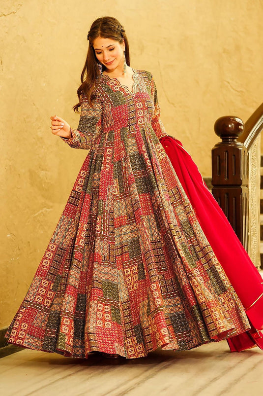 Rayon Fabric Multi Color Printed Designer Readymade Anarkali Gown With Dupatta