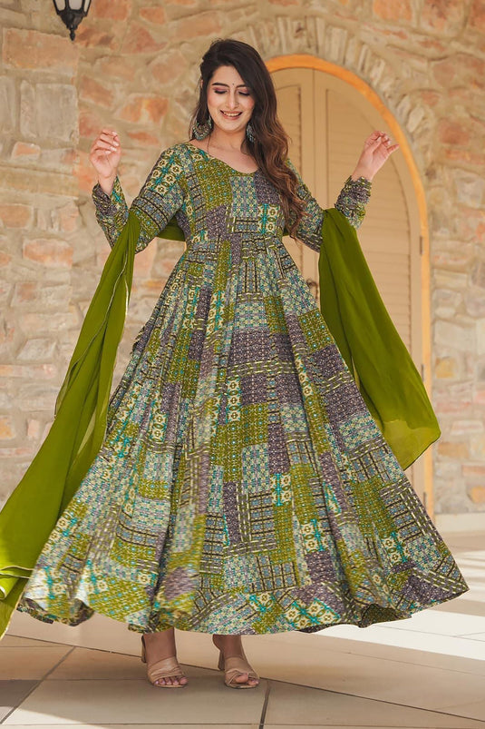 Printed On Multi Color Party Wear Rayon Readymade Anarkali Gown With Dupatta
