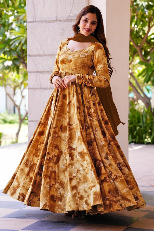 Rayon Brown Color Designer Printed On Readymade Anarkali Gown With Dupatta