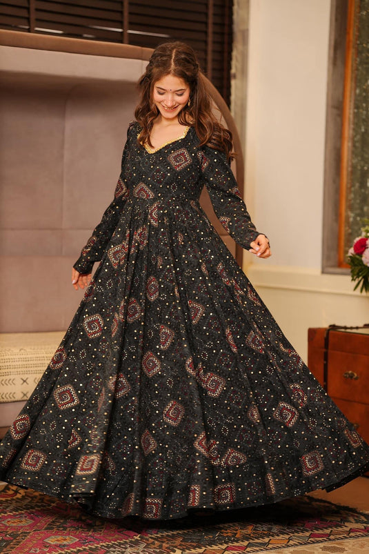 Black Color Printed On Party Wear Rayon Readymade Anarkali Gown With Dupatta