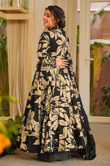 Black Printed Muslin Readymade Anarkali Style Suit