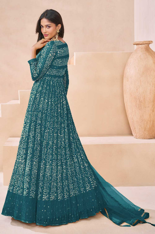 Sushrii Mishraa Function Special Teal Color Georgette Anarkali Suit