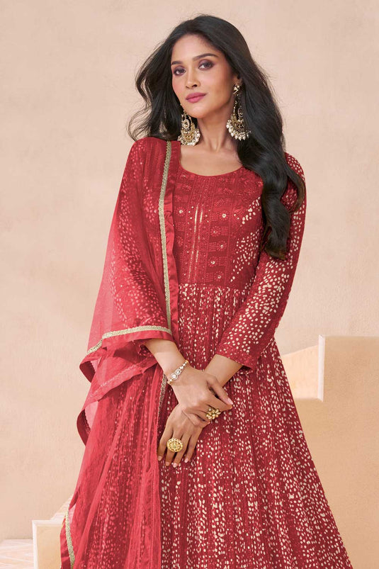 Sushrii Mishraa Gorgeous Anarkali Suit For Function In Red Color