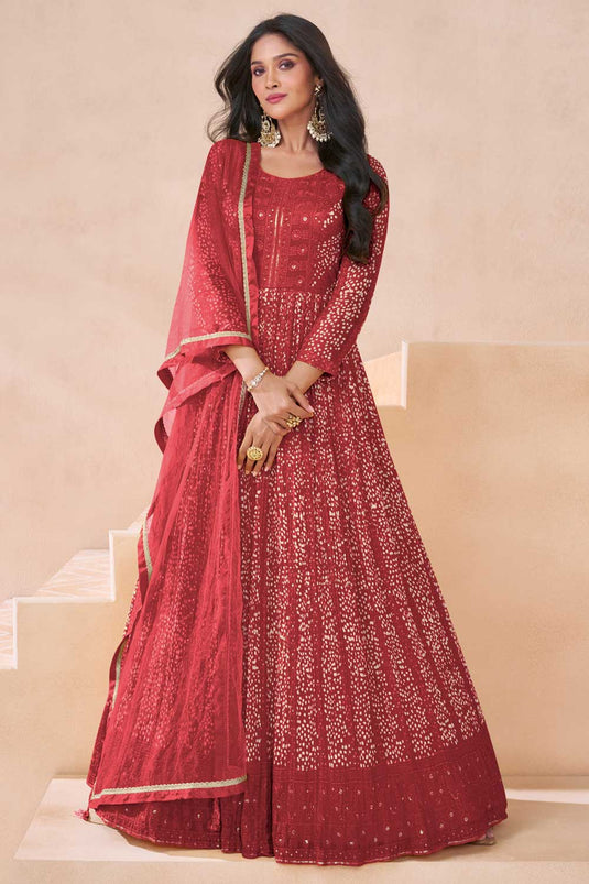 Sushrii Mishraa Gorgeous Anarkali Suit For Function In Red Color