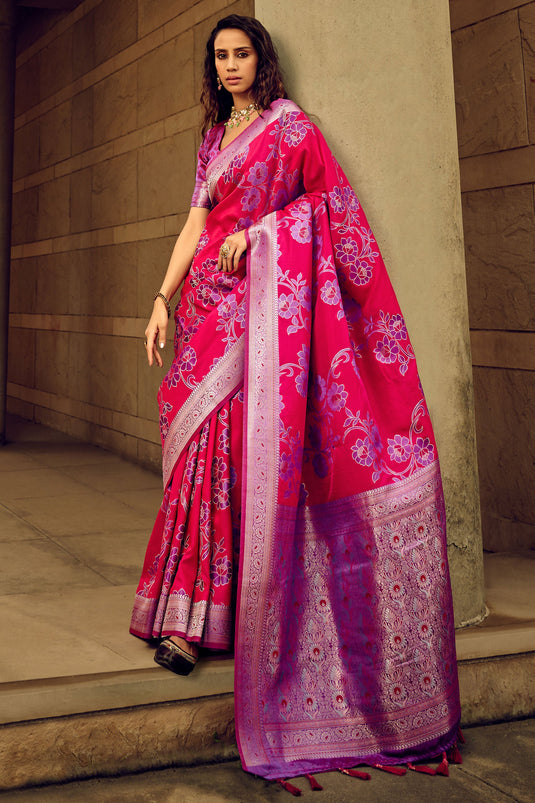 Brasso Fabric Function Wear Pink Color Stylish Look Saree