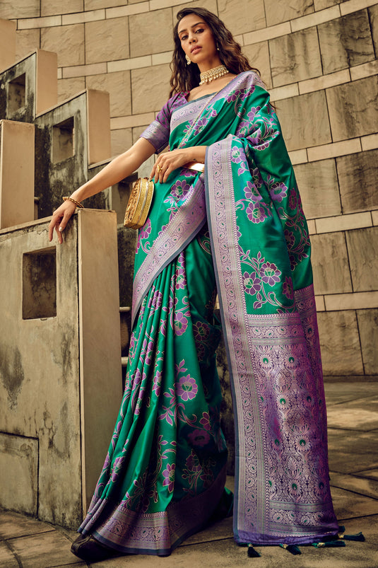 Brasso Fabric Green Color Beatific Look Saree In Function Wear
