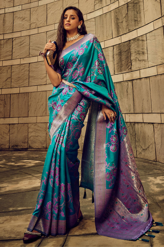 Function Wear Brasso Fabric Captivating Cyan Color Saree