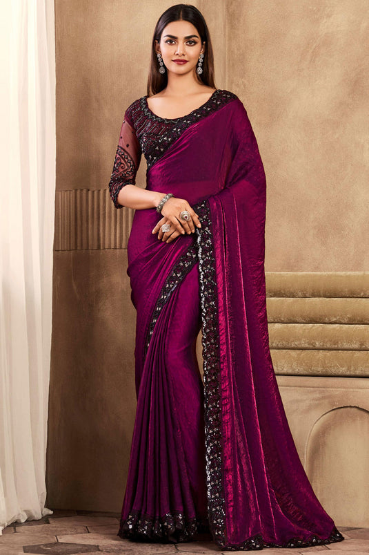 Blazing Burgundy Color Border Work Party Style Art Silk Saree