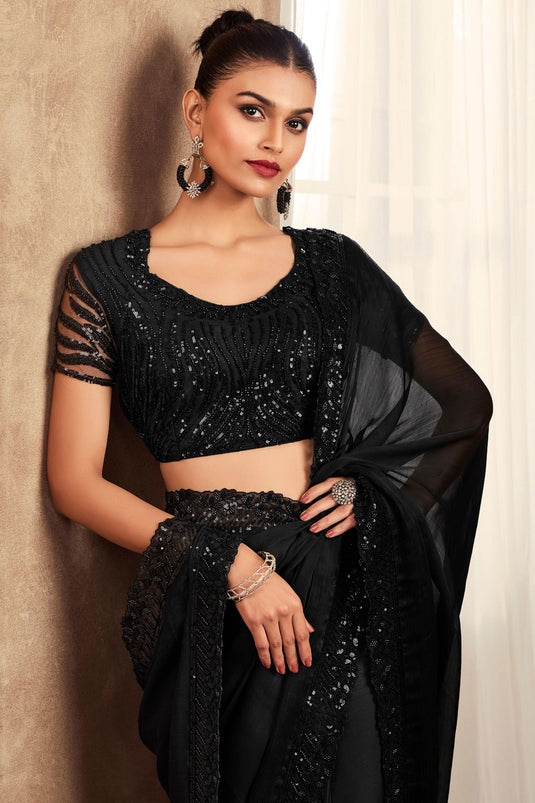 Black Color Exquisite Border Work Party Style Art Silk Saree