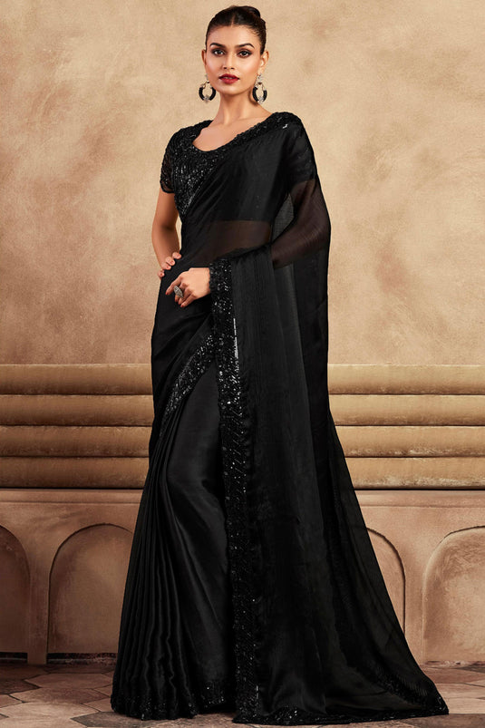 Black Color Exquisite Border Work Party Style Art Silk Saree