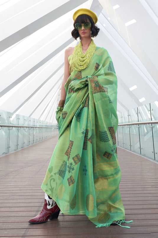 Tempting Art Silk Fabric Sea Green Color Saree With Printed Work