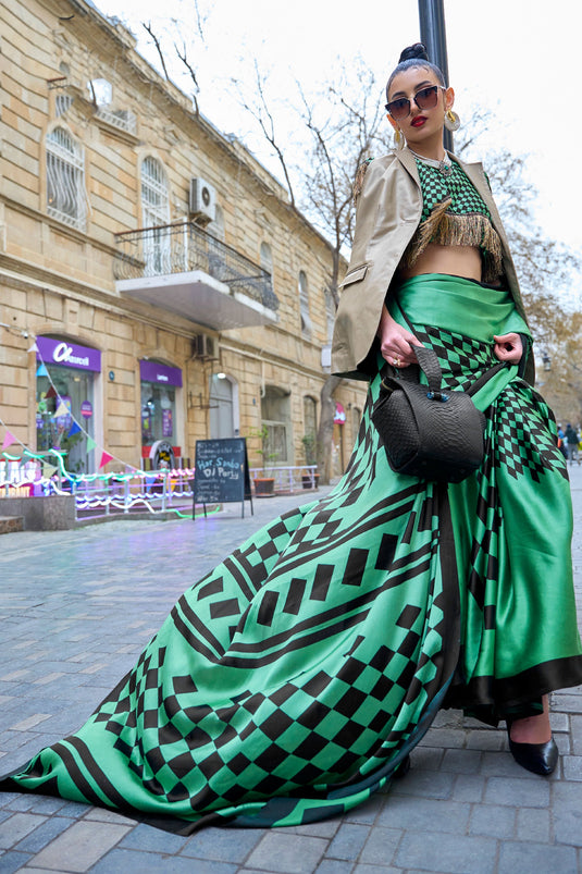 Alluring Green Color Printed Satin Crepe Silk Saree