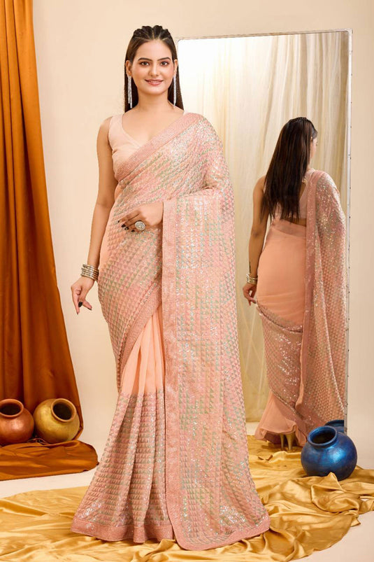 Peach Color Exquisite Sequins Work Saree In Georgette Fabric