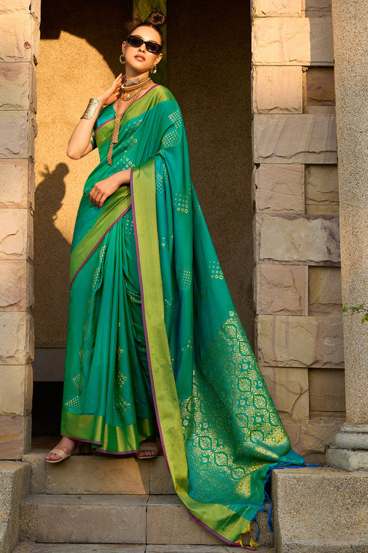 Weaving Work On Awesome Art Silk Fabric Saree In Green Color