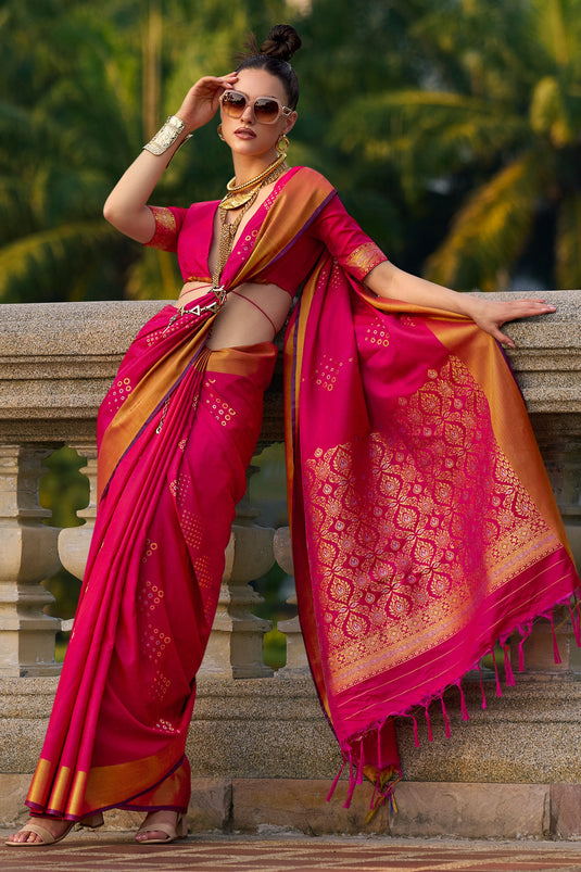 Weaving Work On Rani Color Aristocratic Art Silk Fabric Saree