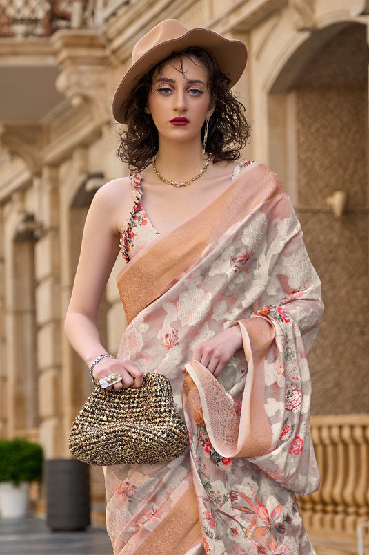 Brasso Fabric Beige Color Delicate Saree With Printed Work