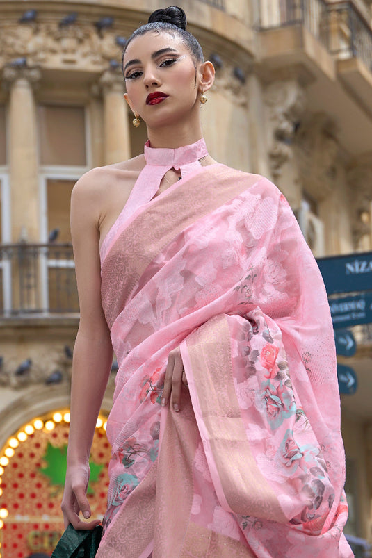 Amazing Printed Work On Pink Color Brasso Fabric Saree
