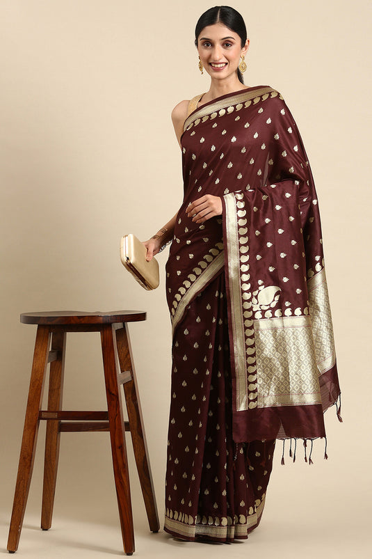 Maroon Color Weaving Work Brilliant Banarsi Cotton Saree