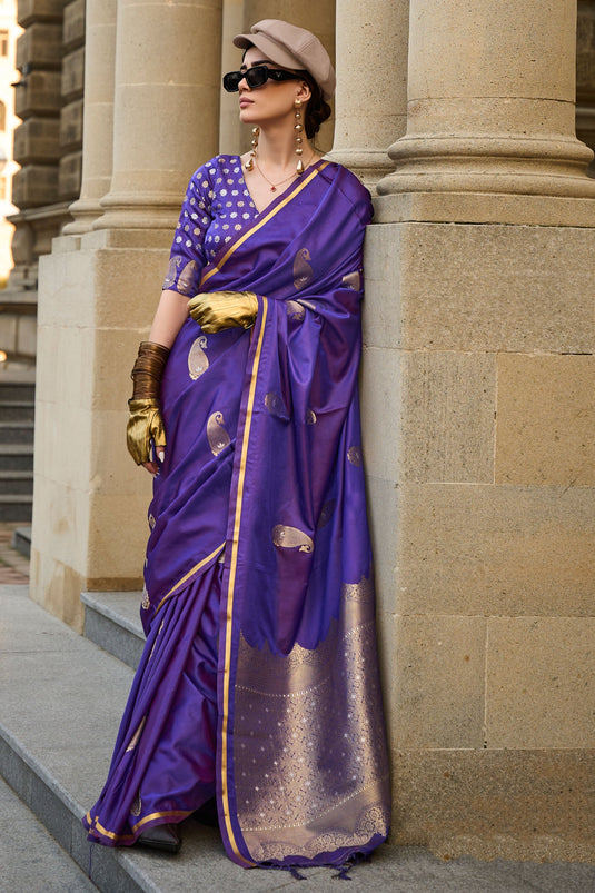 Elegant Function Wear Satin Fabric Weaving Work Saree In Purple Color