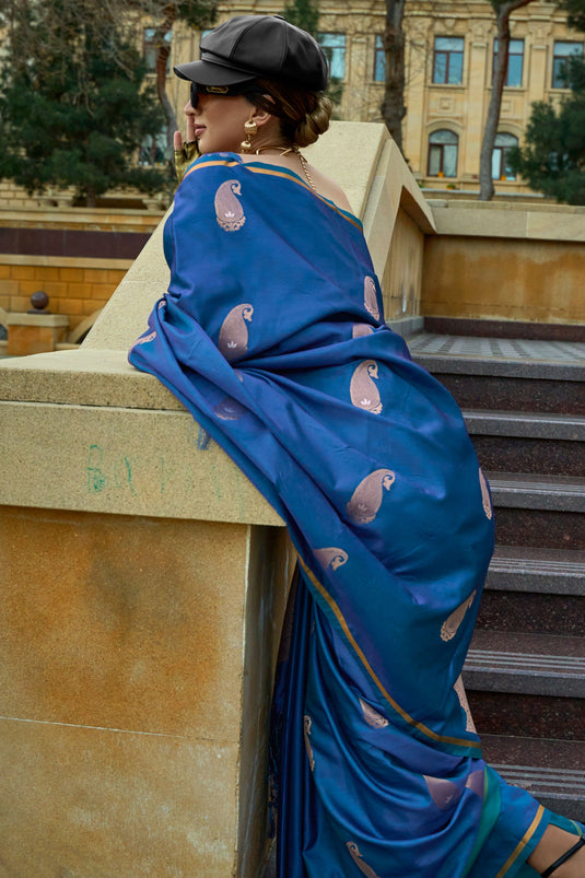 Function Style  Satin Fabric Weaving Work Blue Color Saree