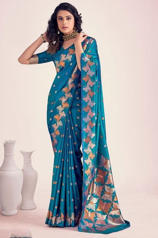 Ingenious Printed Teal Color Banarasi Style Silk Saree