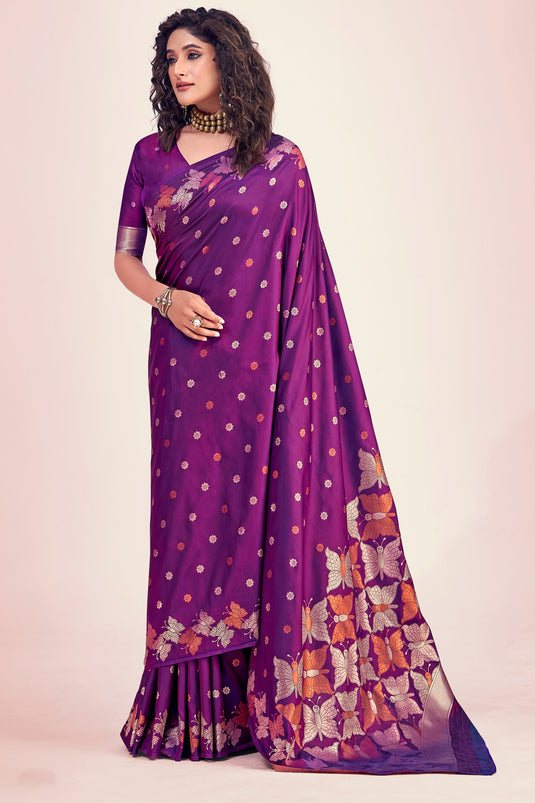 Phenomenal Printed Purple Color Banarasi Style Silk Saree