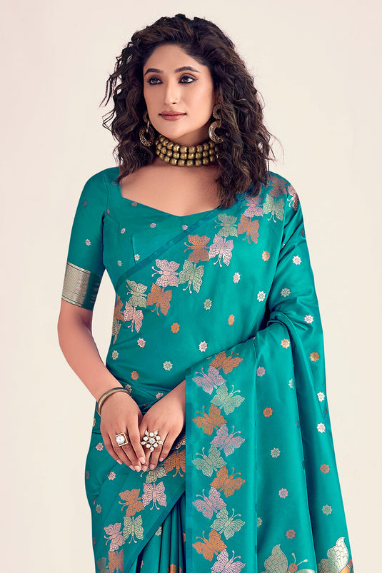 Fashionable Sea Green Color Printed Banarasi Style Silk Saree