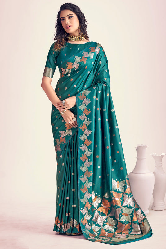 Green Color Gorgeous Printed Banarasi Style Silk Saree