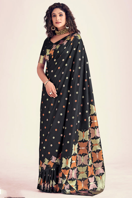 Black Color Glorious Printed Banarasi Style Silk Saree