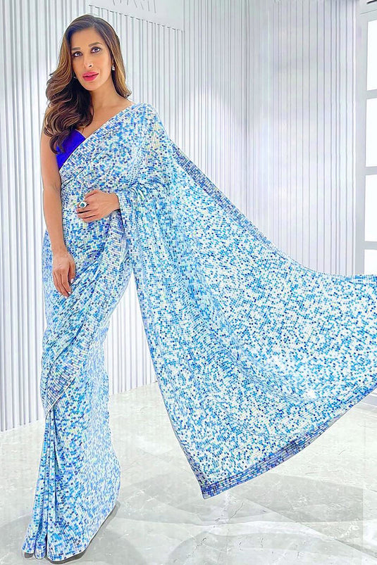 Sophie Choudry Inspired Sequins Work Sky Blue Georgette Party Wear Saree With Blouse