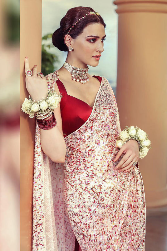 Kriti Sanon Inspired Sequins Work Beige Georgette Festive Wear Saree With Designer Blouse