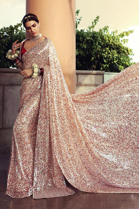 Kriti Sanon Inspired Sequins Work Beige Georgette Festive Wear Saree With Designer Blouse