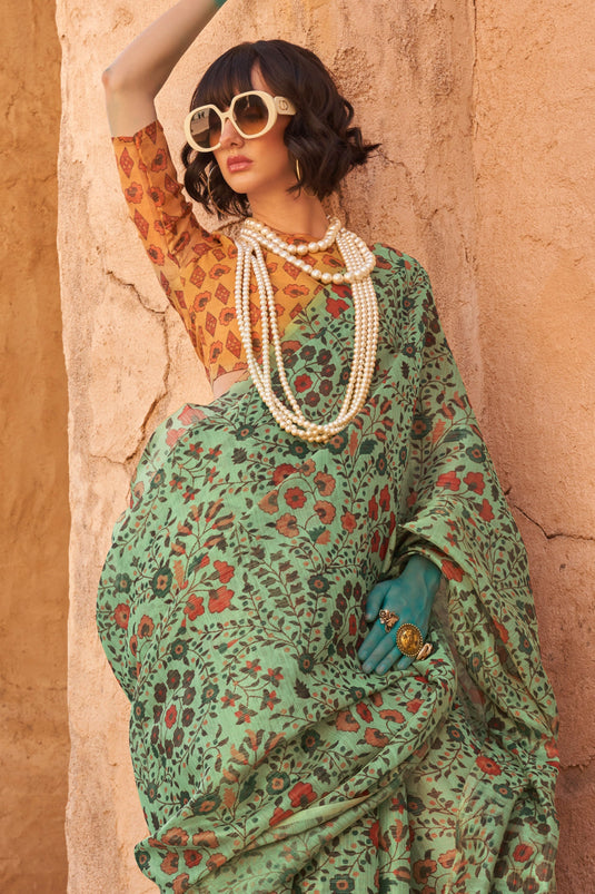 Blazing Green Color Handwoven Printed Tissue Fabric Saree
