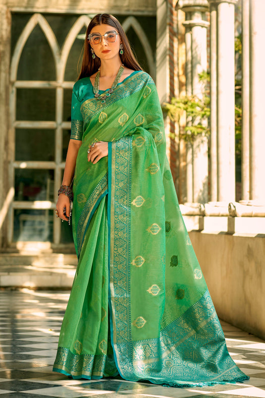 Tissue Silk Fabric Weaving Work On Sea Green Designer Saree With Designer Blouse