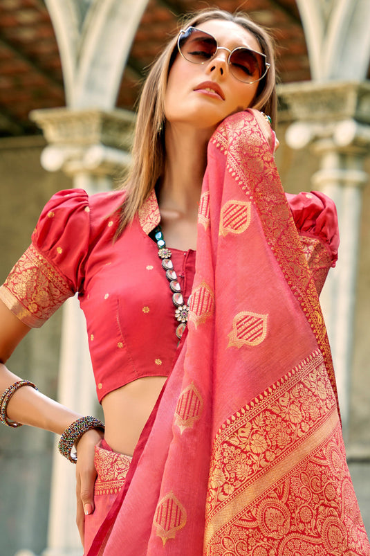 Weaving Work Pink Tissue Silk Fabric Saree With Attractive Blouse