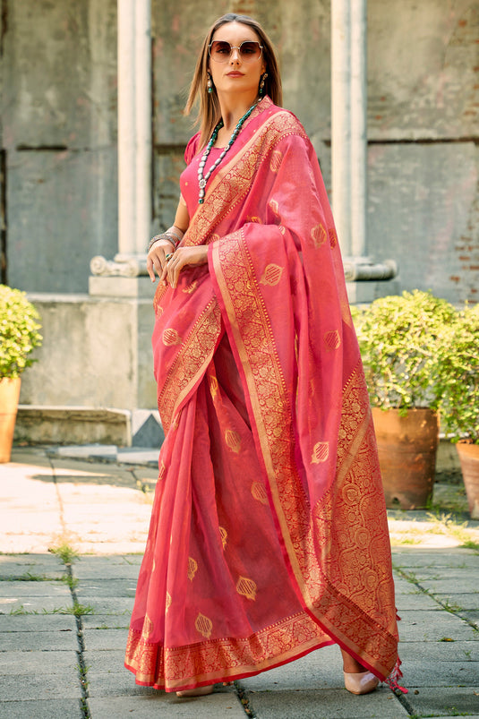 Weaving Work Pink Tissue Silk Fabric Saree With Attractive Blouse