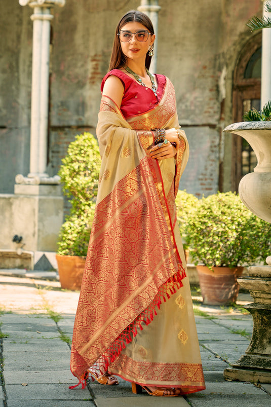 Weaving Work On Beige Tissue Silk Party Wear Saree With Enticing Blouse