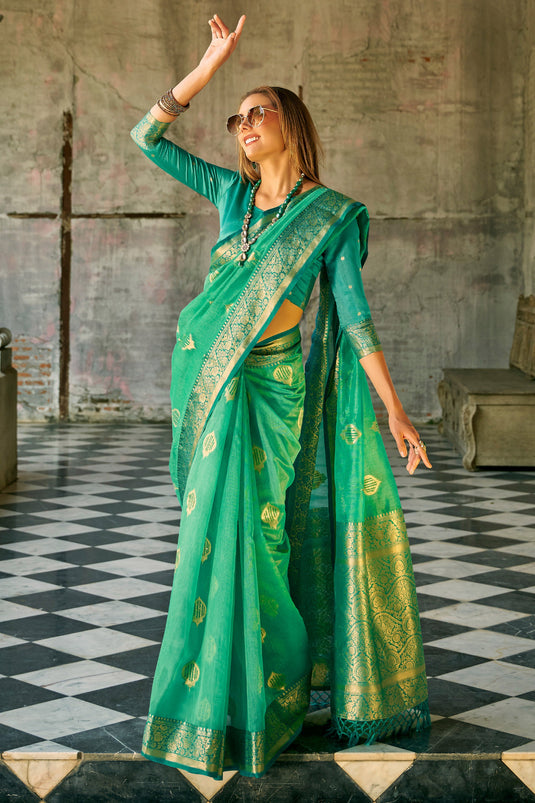 Tissue Silk Fabric Cyan Designer Weaving Work Saree With Alluring Blouse