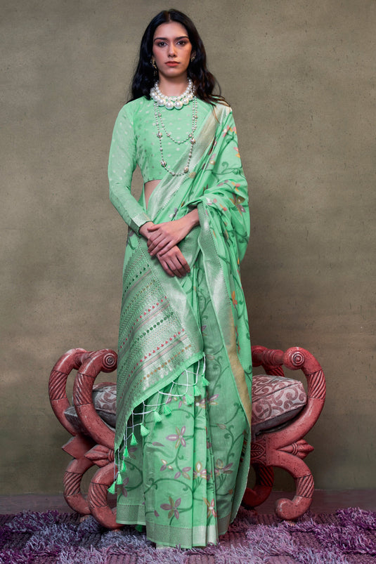 Sea Green Color Glorious Festive Wear Cotton Saree With Printed Work