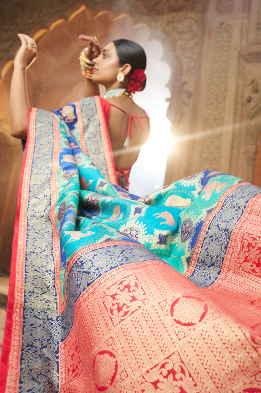 Cyan Color Charismatic Weaving Designs Art Silk Saree